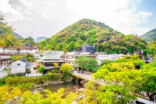 a town with a bridge over a river and a mountain at Hakone Yumoto Onsen Hotel Kajikaso in Hakone