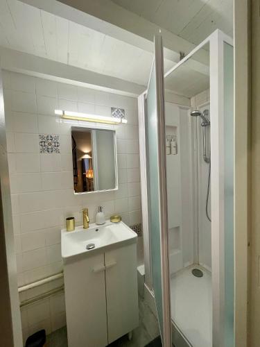 une salle de bain blanche avec un lavabo et une douche dans l'établissement Charmant T1 cosy au coeur du centre historique, à Montauban
