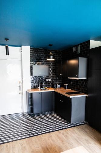 une cuisine avec un comptoir et un plafond bleu dans l'établissement Beau T2 avec vue en centre TOULOUSE COMPANS, à Toulouse