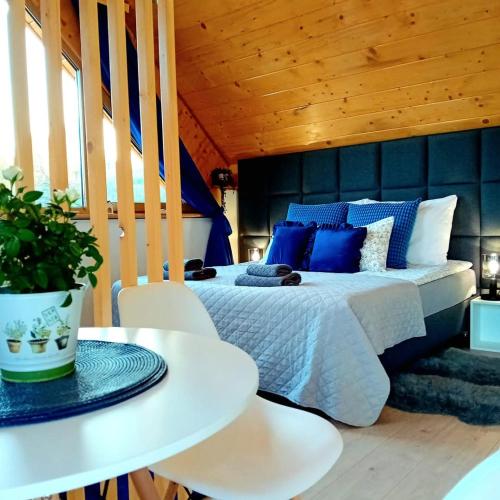a bedroom with a bed with blue and white pillows at Apartamenty Na Brzegu Szczawnica in Szczawnica