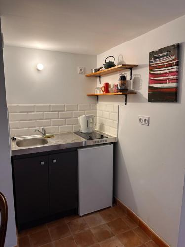 une petite cuisine avec un évier et un comptoir dans l'établissement Studio indépendant au calme proche d'Aix en Provence, à Aix-en-Provence