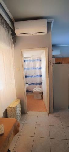 a room with a bathroom with a toilet and a hallway at Orsiida sea view apartment Agria in Agria