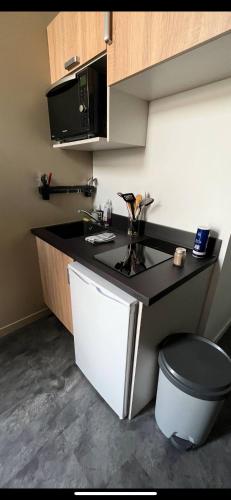 Il comprend une petite cuisine avec un lavabo et des toilettes. dans l'établissement Logement entier appartement Bourges PARKING GRATUIT, à Bourges