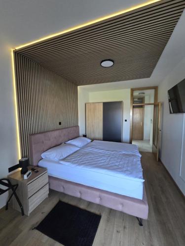 a bedroom with a large bed and a television at Apartman STRONG 2 in Slavonski Brod