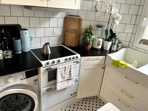 une cuisine avec une cuisinière et une machine à laver dans l'établissement Romantic Parisian Flat, à Paris