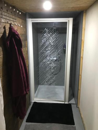 a shower with a glass door in a bathroom at YURs in Baexem
