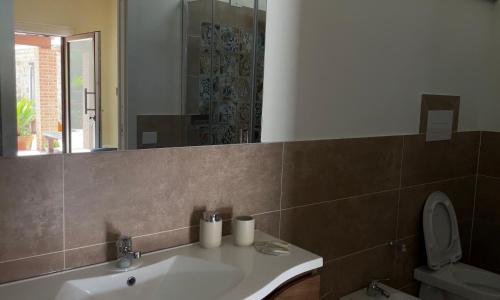 a bathroom with a sink and a toilet and a mirror at Naturalya in Vibonati