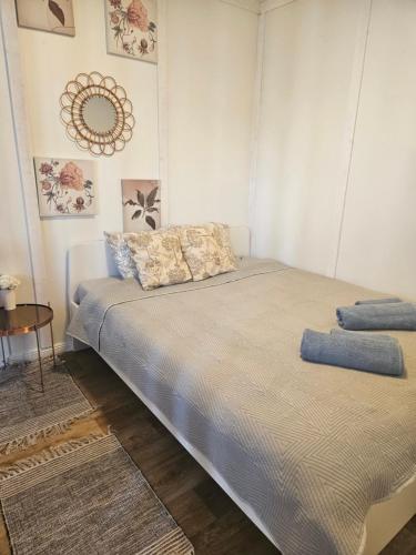 a white bedroom with a bed with blue pillows at Cozy Hut with the included Hot Tub-Prime Rentals in Karališkiai