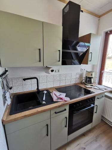 a kitchen with a sink and a stove at Ferienwohnung Ostsee in Karby