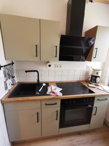 a kitchen with a sink and a microwave at Ferienwohnung Ostsee in Karby