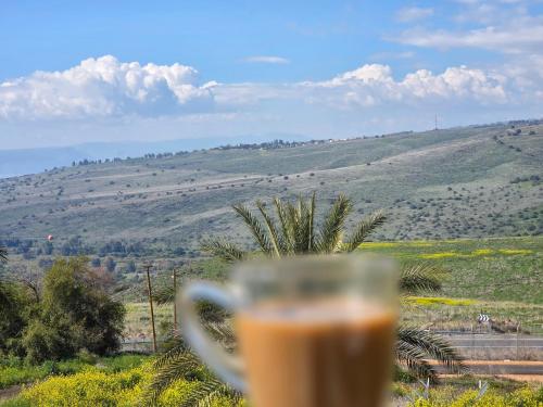 a cup of coffee with a view of a hill at Diamond Mansion-Studio C in Had Nes