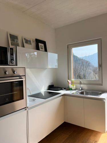a white kitchen with a sink and a window at Chalet Ai Grecc in Mezzolago