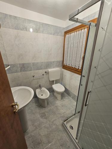 a bathroom with a toilet and a sink and a shower at Sella Nevea Resort in Sella Nevea