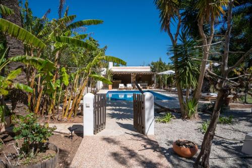 a pool with a gate in a yard with palm trees at Valley Club - Agroturismo Ibiza in Sant Joan de Labritja