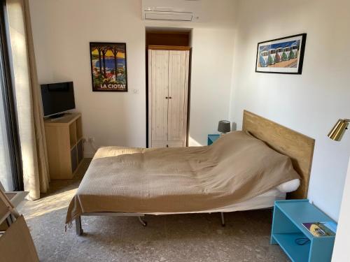 拉西约塔Studio l'Enchantement的一间带床和电视的小卧室