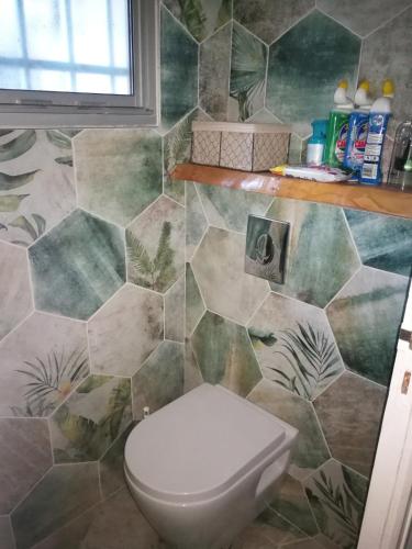 une salle de bain avec toilettes et un mur carrelé dans l'établissement Villa with pool in Private Golf Residence, à Saint-Sulpice-et-Cameyrac