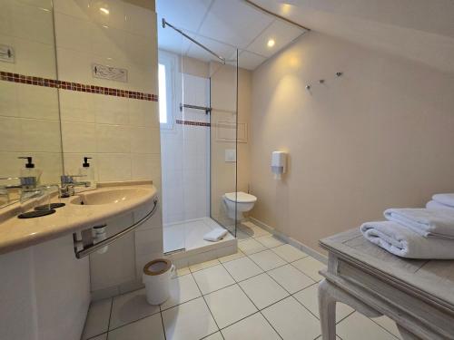 a bathroom with a shower and a sink and a toilet at Hôtel Le SAINT-GENIÈS in Uzès