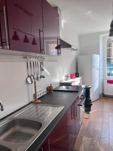 une cuisine avec un évier en acier inoxydable et des placards violets dans l'établissement Sarlat en Couleurs, à Sarlat-la-Canéda