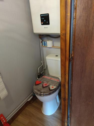 La petite salle de bains est pourvue de toilettes et d'une porte en bois. dans l'établissement Chez GéGé, à La Bresse