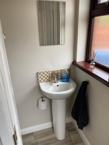 a bathroom with a sink and a mirror at Seacoast View in Limavady