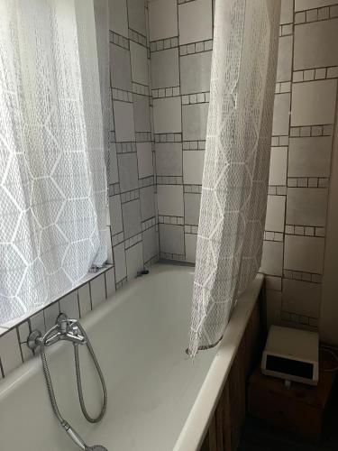 La salle de bains est pourvue d'une baignoire et d'une douche avec rideau de douche. dans l'établissement Chez Amélie, à Saint-Germain-dʼEsteuil