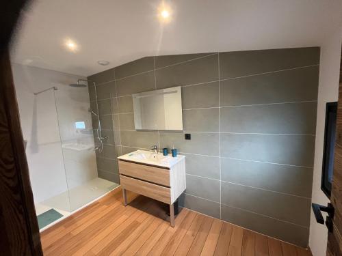 a bathroom with a sink and a shower at Gîte du dahu barbu in Ramonchamp