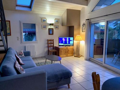 un salon avec un canapé et une télévision dans l'établissement Thonon Concise apt with mezzanine, à Thonon-les-Bains