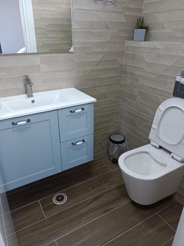 a bathroom with a white sink and a toilet at מול ים המלח זוהר במדבר in Neve Zohar
