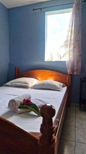 a bedroom with a bed with a wooden headboard and a window at Maison de vacances Palmier in Sainte-Anne