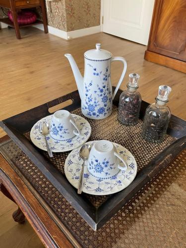 a tray with two plates and a tea set on a table at LUXURIOUS classical dutch styled ROOM in city centre of The Hague - HOME STAY in The Hague