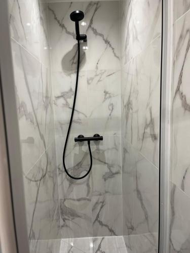 une salle de bain avec une douche avec une porte vitrée dans l'établissement Nice Cosy, à Nice