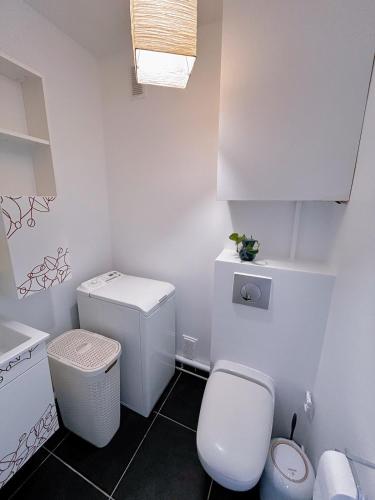 une salle de bain blanche avec des toilettes et un lavabo dans l'établissement Large charming studio in Paris, à Paris