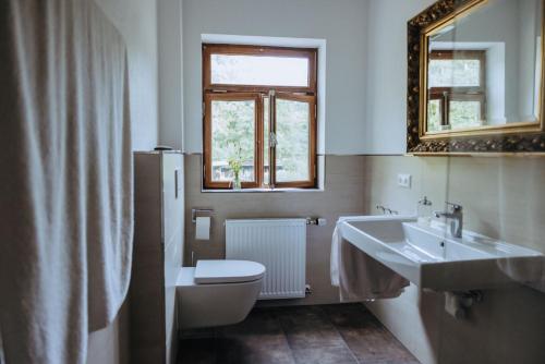 a bathroom with a sink and a toilet and a mirror at Außerhalb2 - Chalet Wassermühle in Weisel
