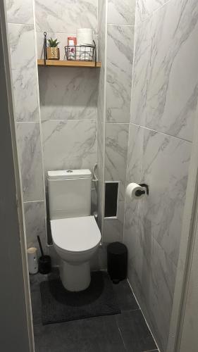 La salle de bains est pourvue de toilettes blanches et de murs en marbre. dans l'établissement Appartement 3 pièces, dans résidence privée sécurisée et parking gratuit,a 9 min centre ville, à Nice