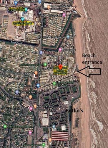 a map of a beach entrance with a red spot at Beachside, Family-friendly, WiFi, 6 berth caravans in Ingoldmells