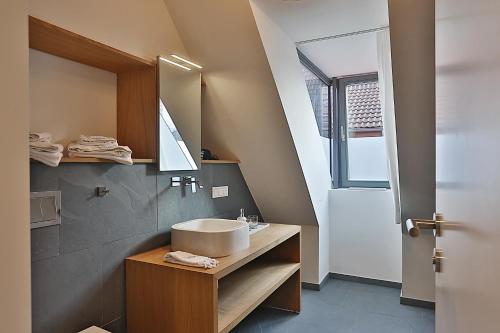 bagno con lavandino e specchio di Apartments Im Backsteinspeicher a Stralsund
