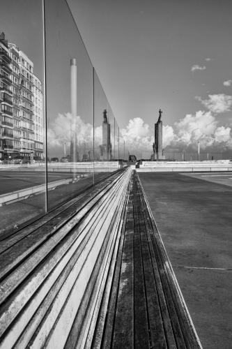 a black and white photo of a bridge in a city at penthouse studio residentie Mercator, in Ostend