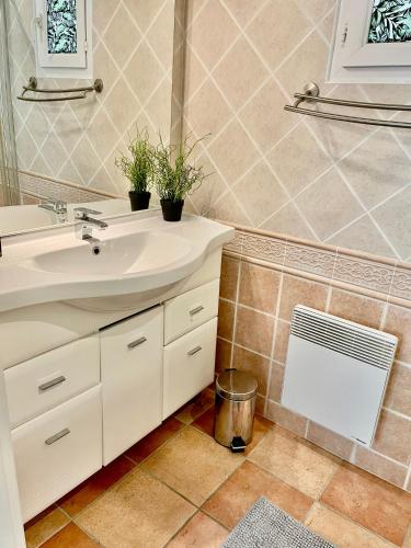 une salle de bain avec un lavabo et un miroir dans l'établissement l'Exotica ,au cœur d'une pinède, à Palaja