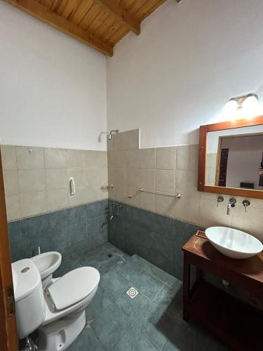 a bathroom with two toilets and a sink and a mirror at Hosteria Telen in Telén