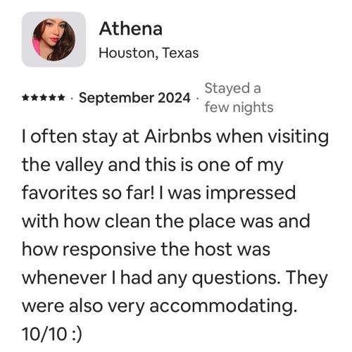 a screenshot of a text message about a woman at Peaceful & Cozy Hideaway Unit #1 in Edinburg
