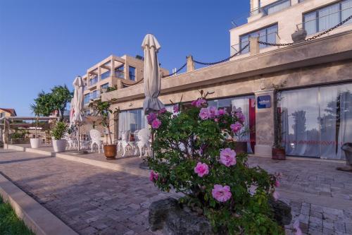 a umbrella and flowers in front of a building at Villa Ambra in Tyulenovo