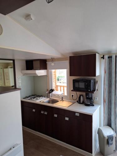 une cuisine avec un évier et un micro-ondes dans l'établissement mobil-home - 2 chambres, à Saint-Chéron