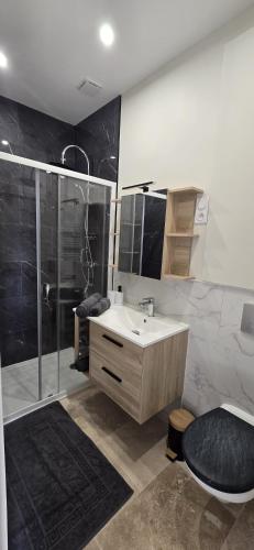 une salle de bain avec un lavabo et une douche dans l'établissement La Taupinière, à Bourges
