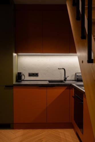 a kitchen with brown cabinets and a sink at Apartament Nadolnik Poznań in Poznań