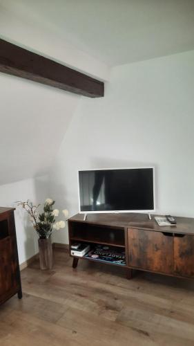a living room with a large flat screen tv at Altstadthäuschen mit Flussblick, nähe Heidelberg Castle in Hirschhorn