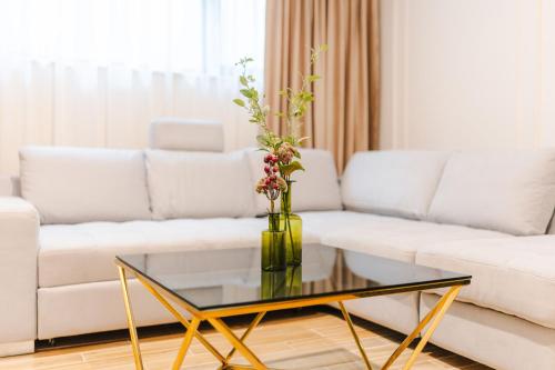 a living room with a white couch and a glass table at Cometei Residence Apartments in Cluj-Napoca