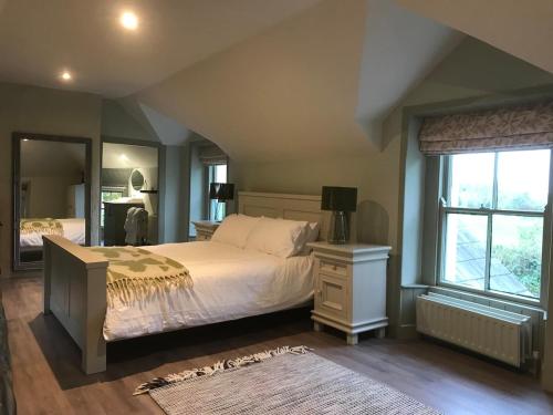 a bedroom with a large bed and a mirror at Mizzle Cottage in Cloghjordan