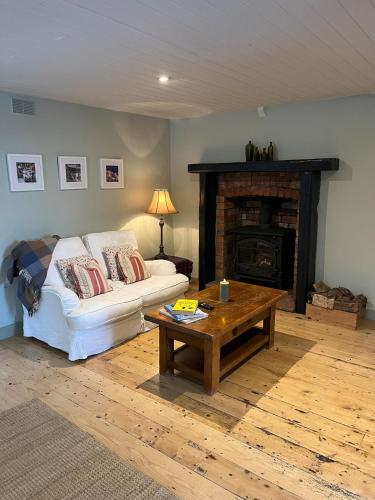 a living room with a couch and a fireplace at Mizzle Cottage in Cloghjordan