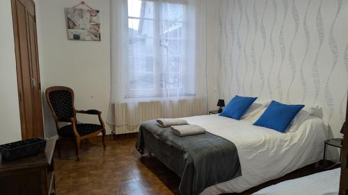 a bedroom with a bed with blue pillows and a chair at La maison du sabotier in Audressein