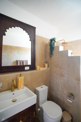 a bathroom with a toilet and a sink and a mirror at Al Wadi Boutique Hotel in Al Aqālitah